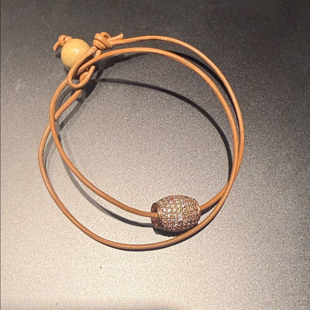 Elegant Tan Leather Bracelet with Gold Bead Rhinestone Wrap Bracelet